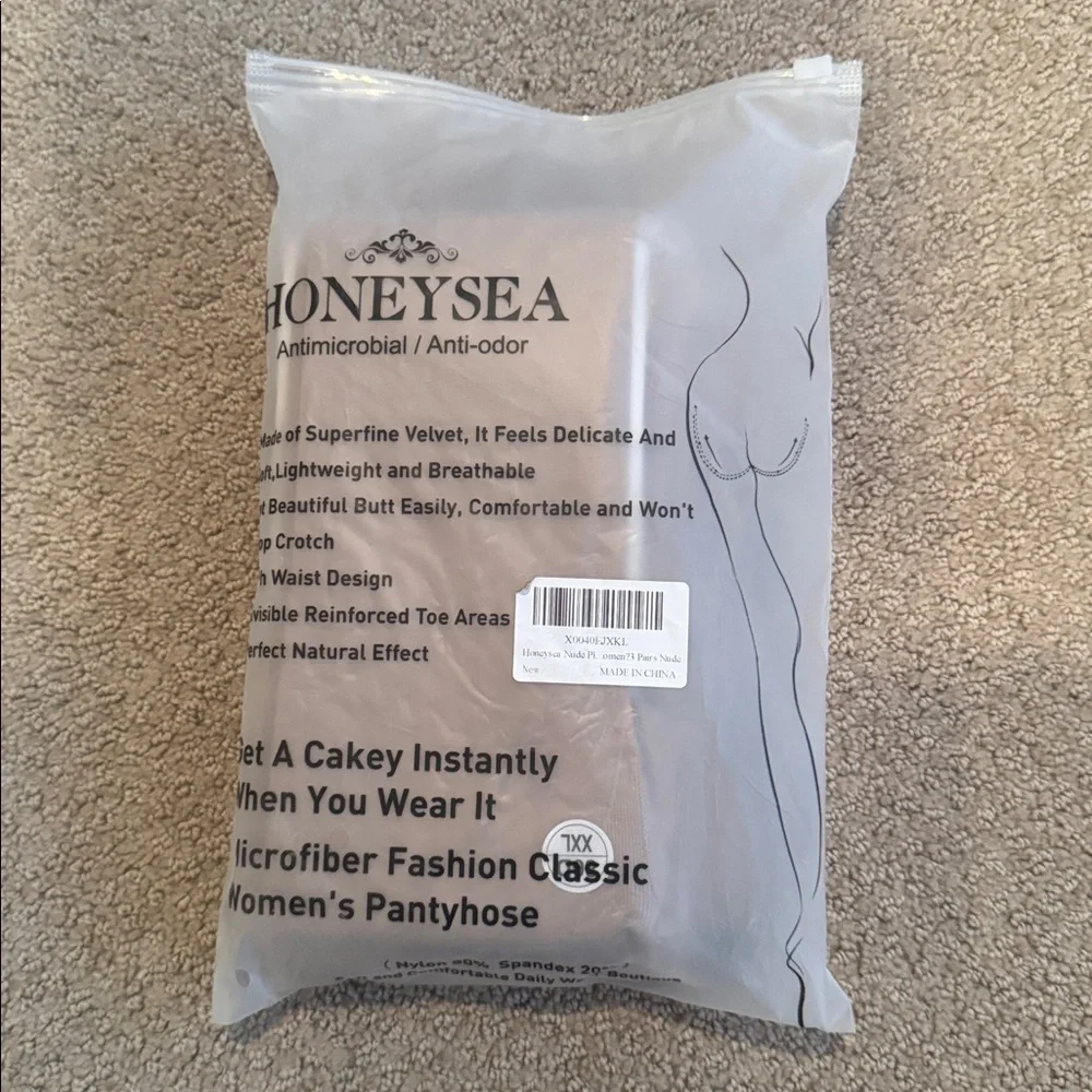 I13 NIB HONEYSEA 3 Pack Antibicrobu Sheer Pantyhose Tights, Nude‎ - Size: XXL